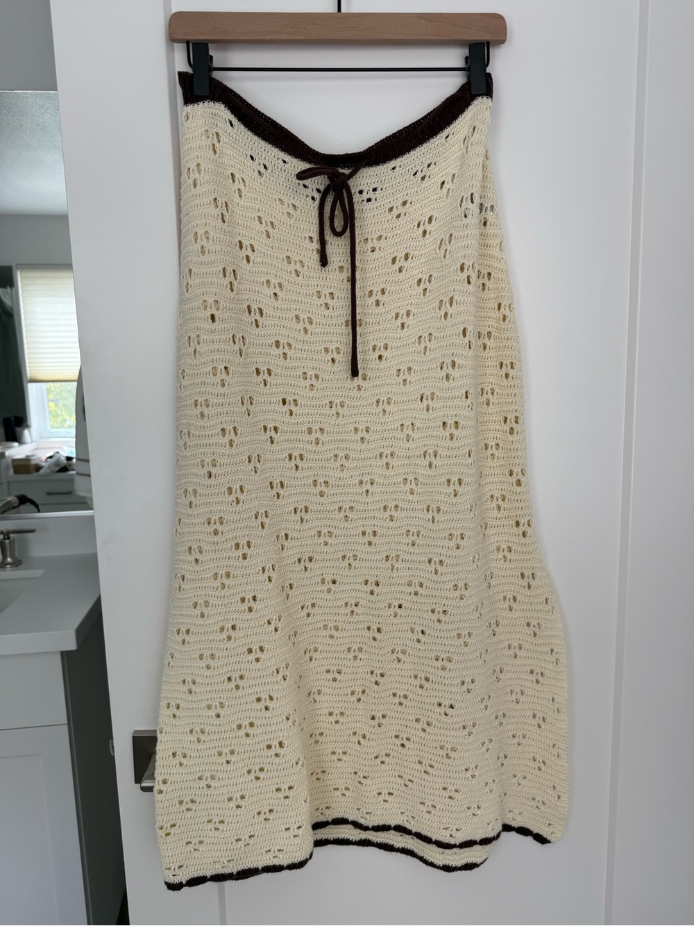 Cider Cream Crochet A-Line Midi Skirt with Brown Trim